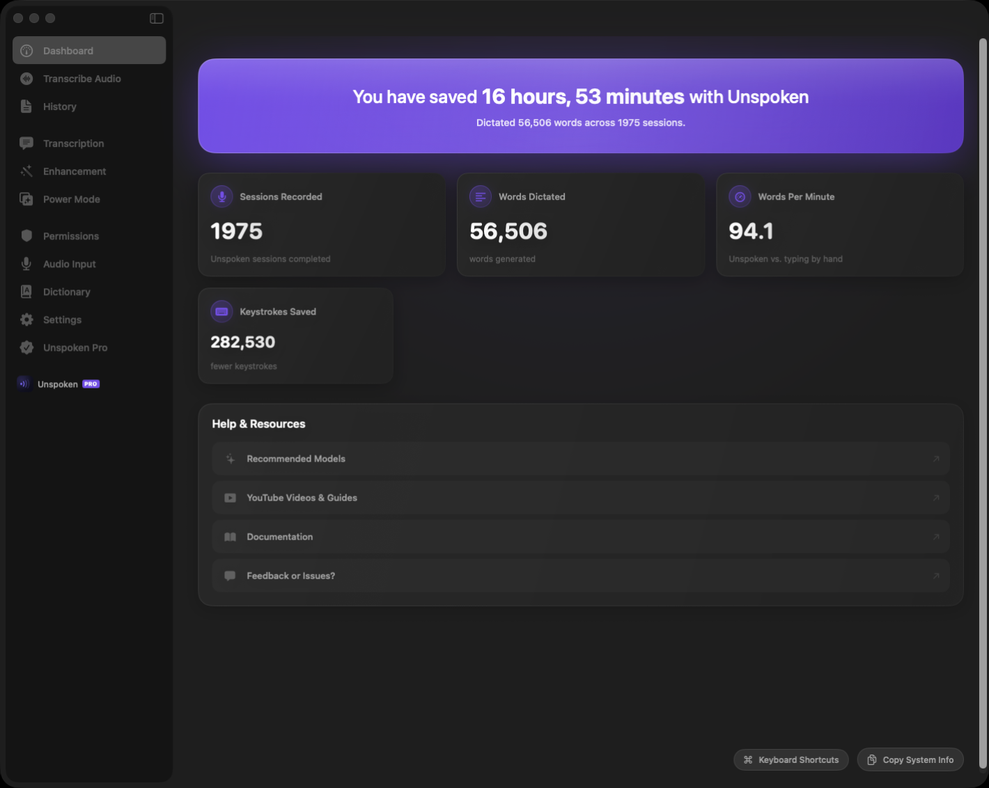 Unspoken dashboard showing saved time, sessions recorded, words dictated, and words per minute